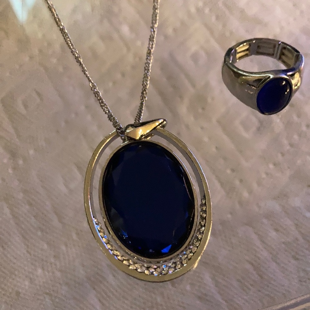 Silver necklace with Big Blue stone ring also same